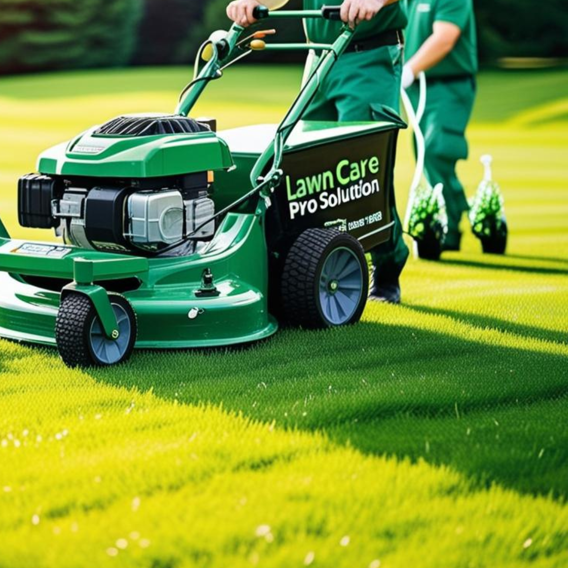 Professional landscaper mowing a lush green lawn
